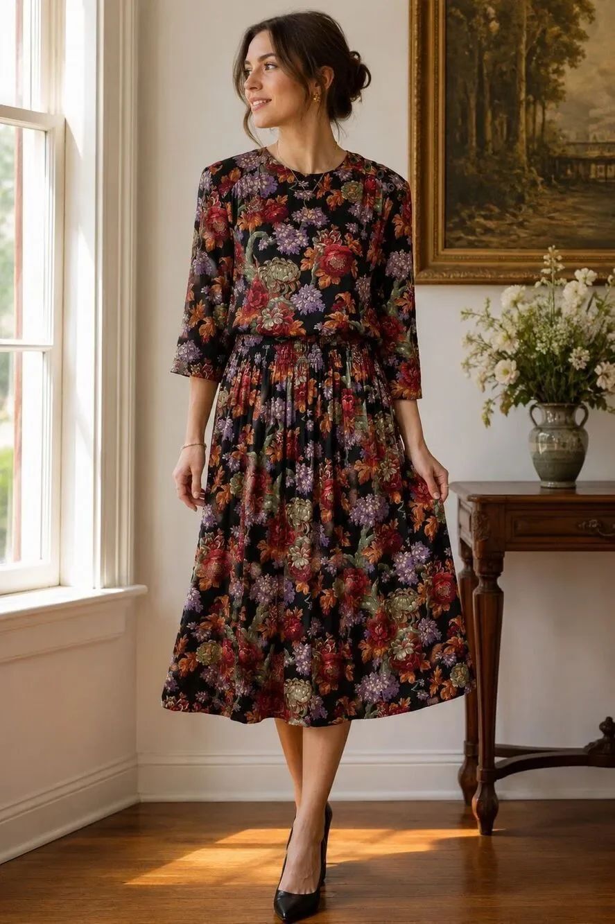 Vintage 80's Dennis Goldsmith Floral Smocked Midi Dress sz 14 Boho Festival Gran